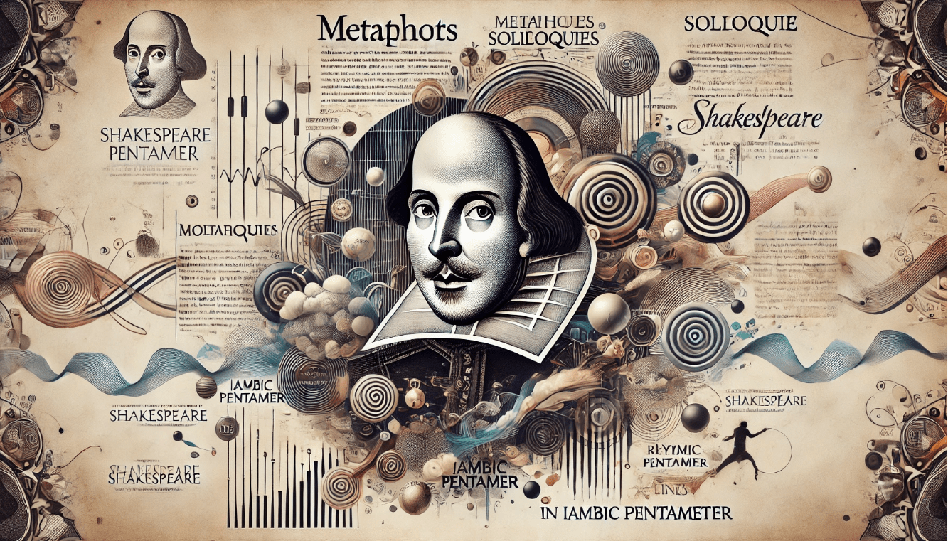 Artistic representation of Shakespeare's portrait with metaphors, soliloquies, and iambic pentameter highlighting his influence on theatrical language.
