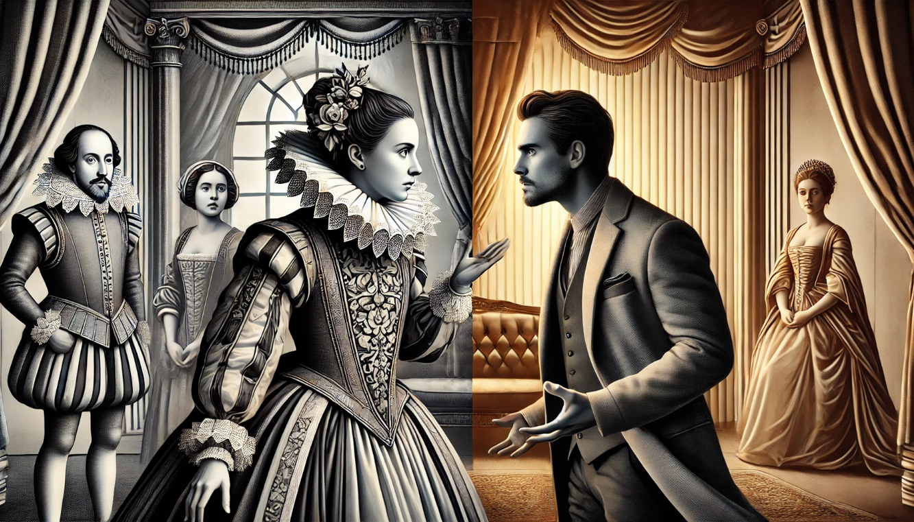 Split image showing Shakespearean and modern characters in a dramatic dialogue exchange, highlighting character development through language.