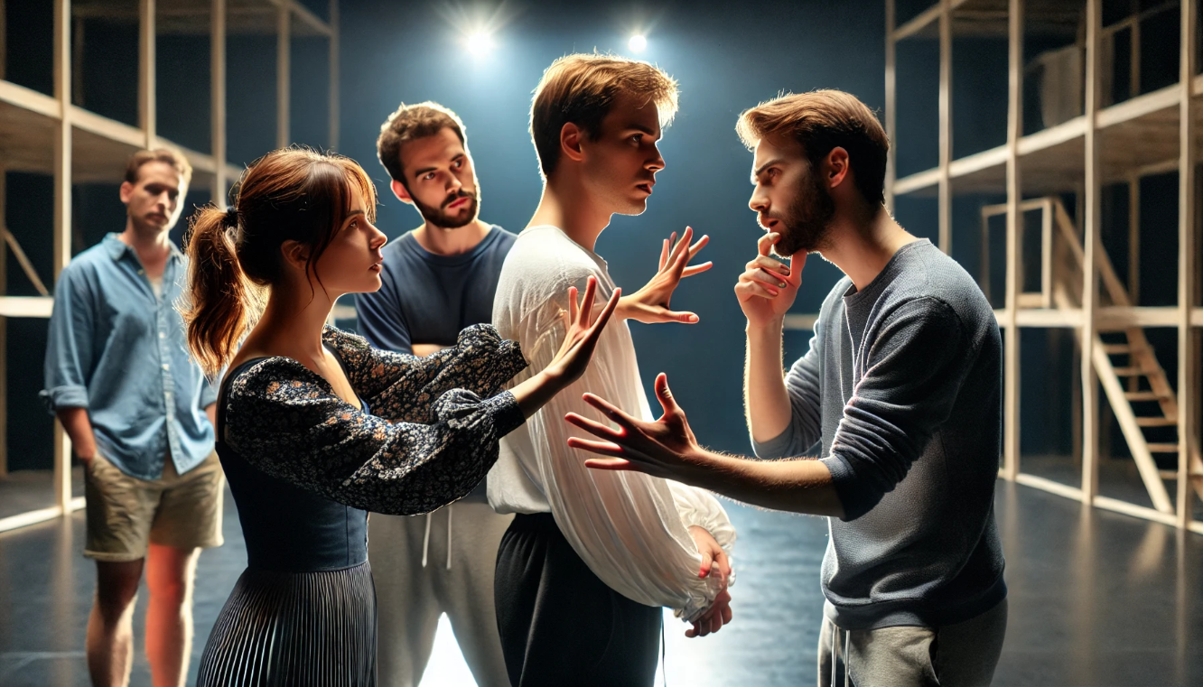 Theatre director coaching actors on stage through a Shakespearean soliloquy during a modern play rehearsal.