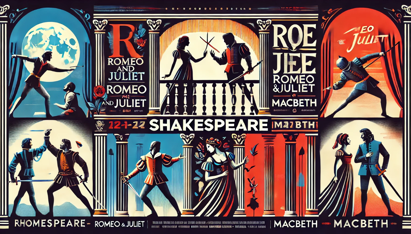 Modern theatrical poster for a Shakespearean play adaptation, blending classic and contemporary design elements