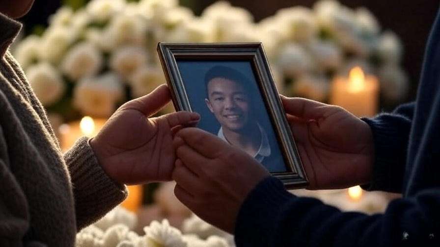Hands holding a framed photo in a memorial setting with flowers.