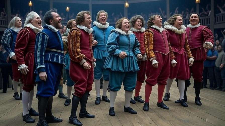 Lively Globe Theatre comedic performance with actors in colorful costumes, joyful crowd, bright lighting