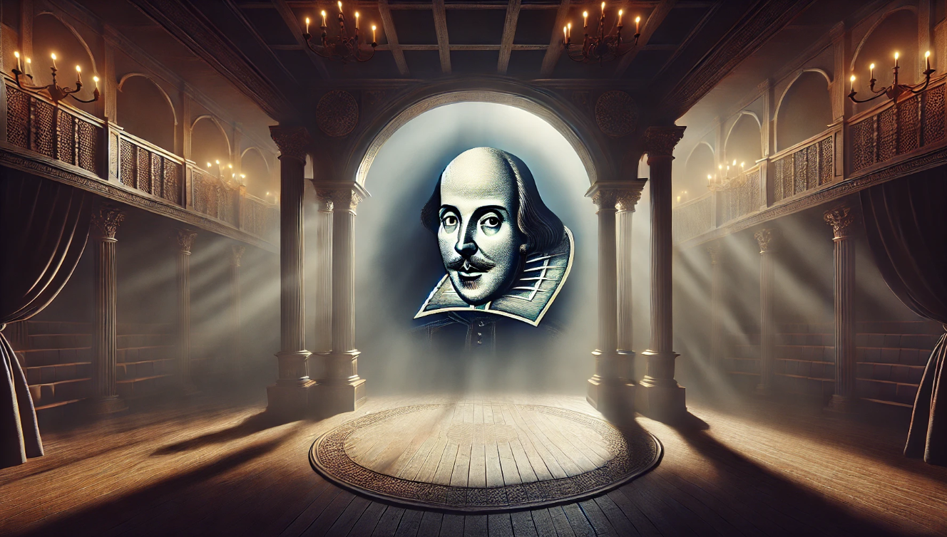 Portrait of William Shakespeare with a stage background, symbolizing the lasting impact of his works on modern theatre and performance.