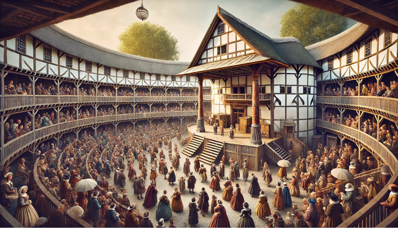 Image of the Globe Theatre with an audience, representing Shakespeare's creative home and its role in shaping modern theatre.
