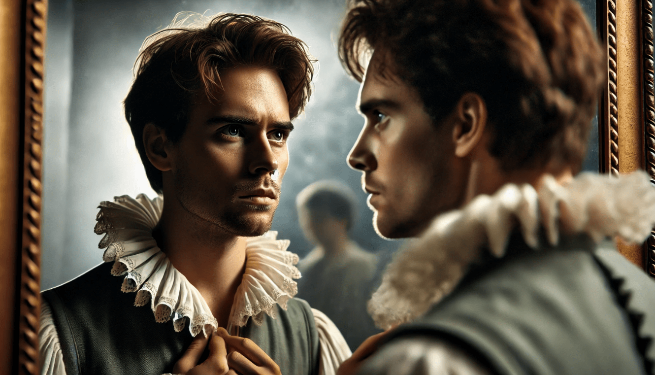 Actor practicing Shakespearean lines in front of a mirror, highlighting emotional depth and vocal control.