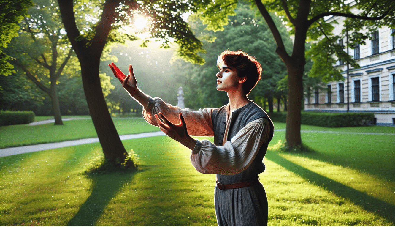 Aspiring actor rehearsing a Shakespearean soliloquy outdoors, emphasizing physical gestures and emotional expression