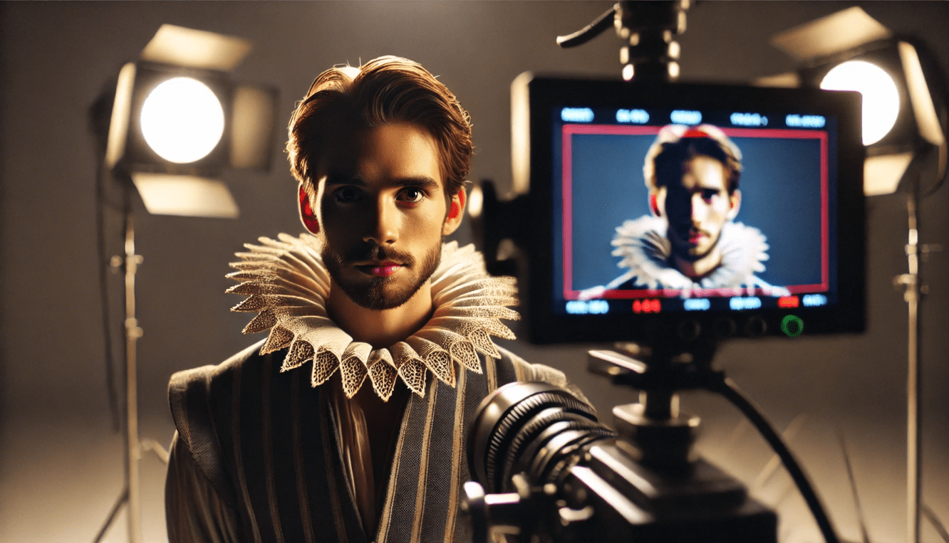 Modern actor delivering a Shakespeare-inspired monologue in front of a camera, showcasing Shakespeare’s influence on film acting
