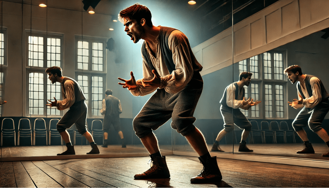 Actor rehearsing a Shakespearean scene in a rehearsal room, showcasing emotional depth, vocal control, and physical presence