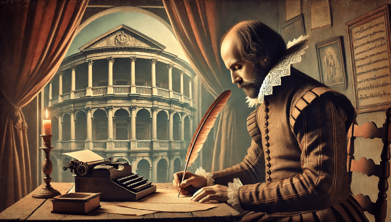 Shakespeare writing in an Elizabethan theatre, symbolizing his historical impact on modern theatre.