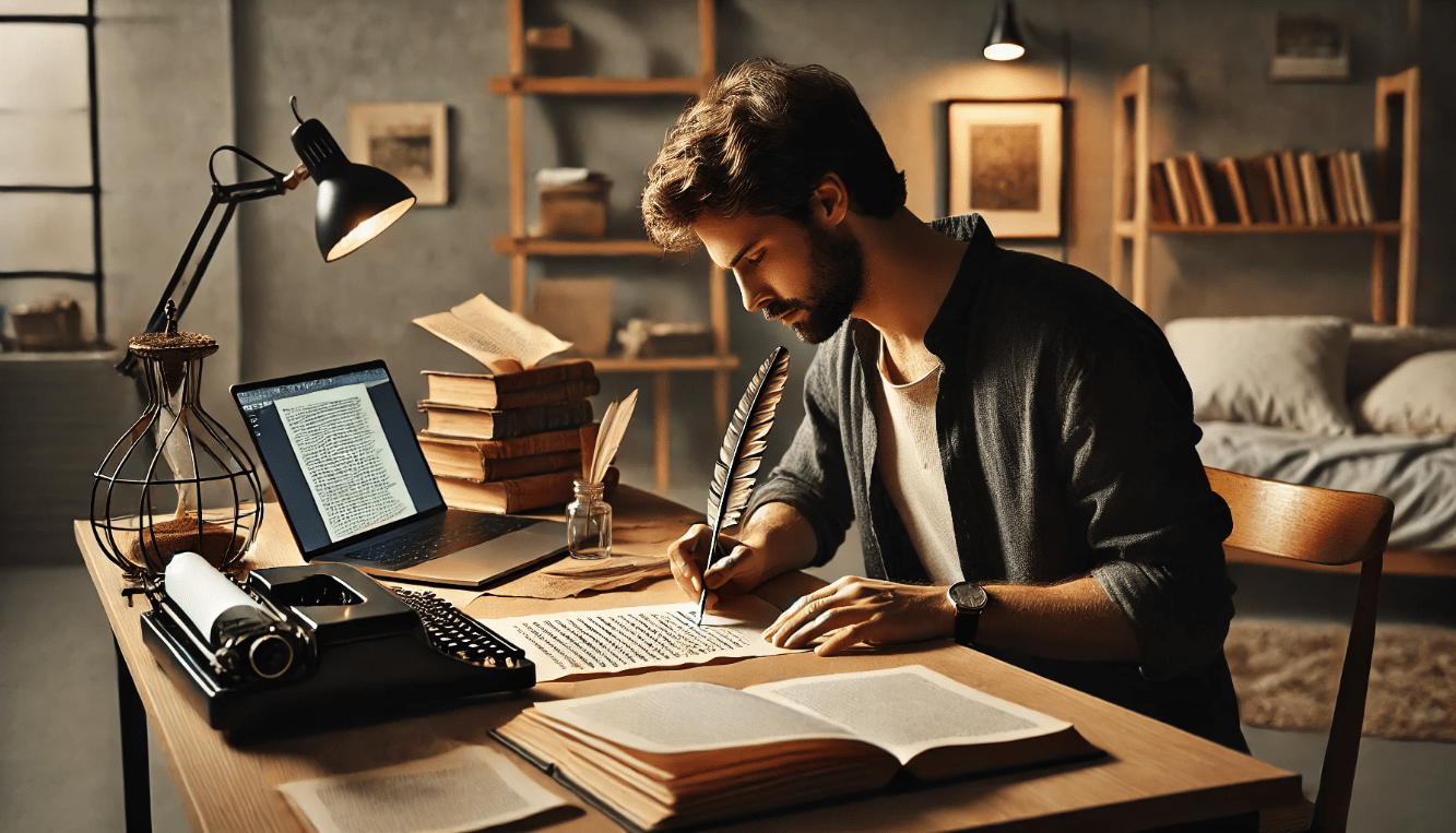 Modern writer creating plays with Shakespearean influence, blending classic techniques with contemporary storytelling