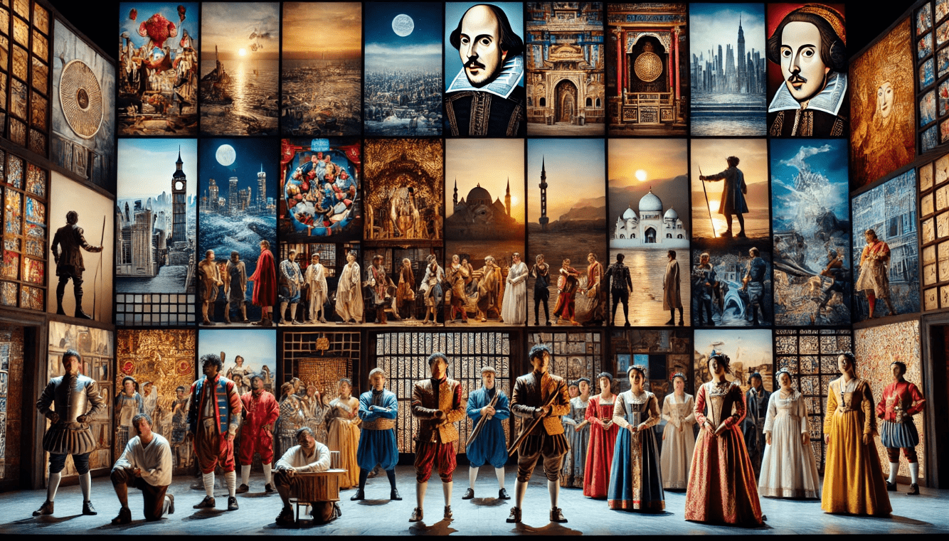 Global theatre production with diverse actors performing Shakespeare's works in different cultural settings