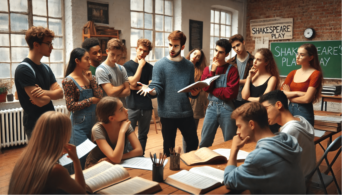Students learning Shakespeare in a drama school, focusing on emotional depth and language skills in theatre training.