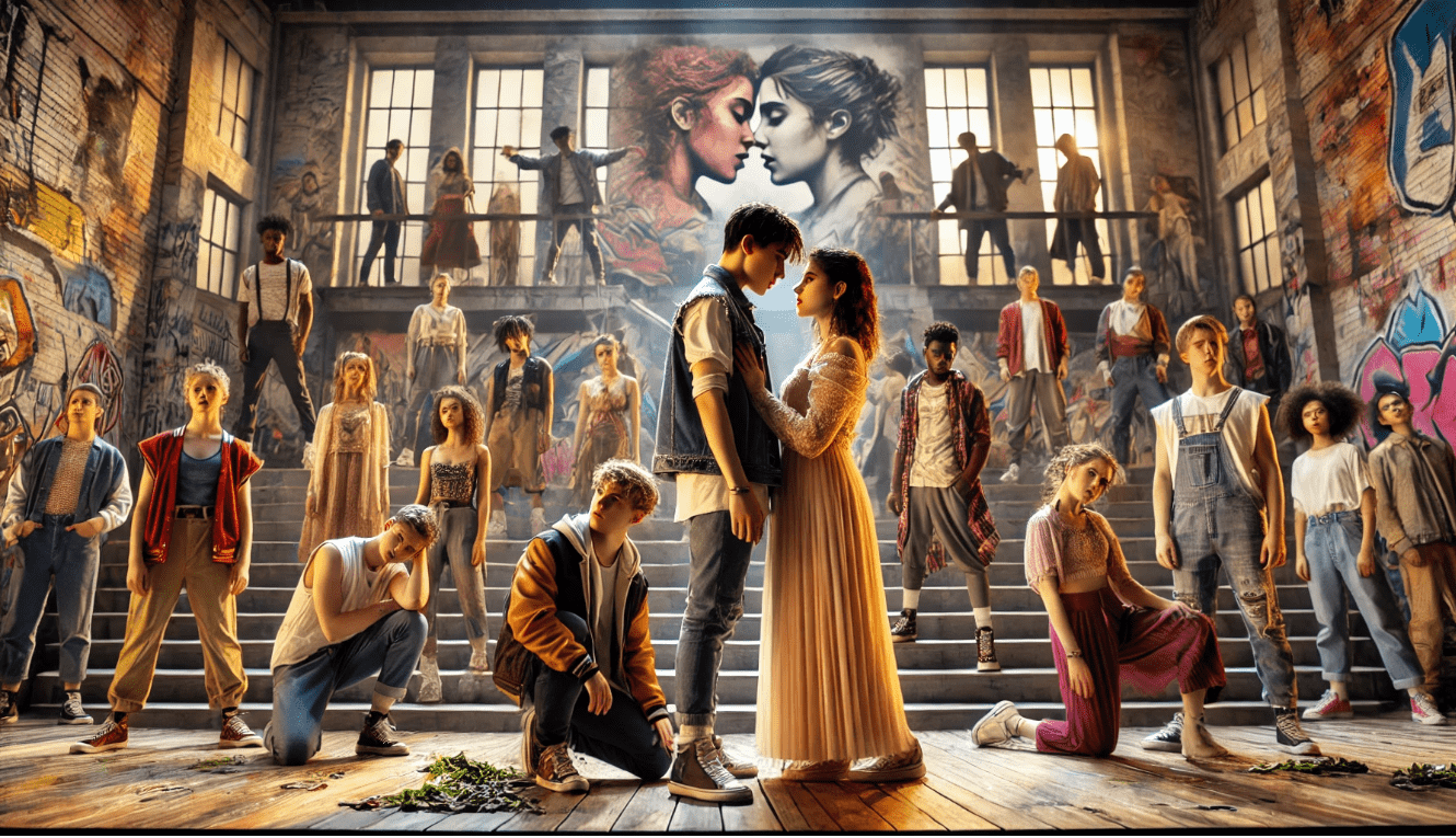 Modern interpretation of Romeo and Juliet in a high school setting, showing the timeless relevance of Shakespeare's themes.