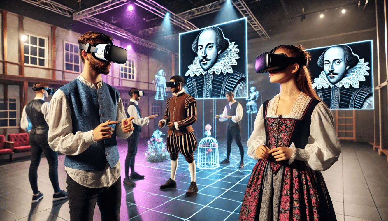 Actors rehearsing Shakespeare in a digital rehearsal space using AR/VR technology for future theatre innovations