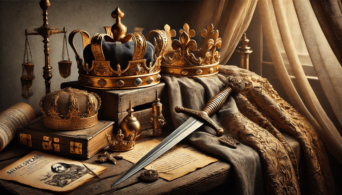 Shakespearean props and costumes including a dagger, crown, and royal attire on a vintage wooden stage