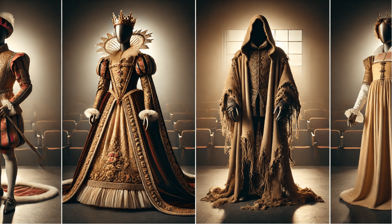 Shakespearean costumes showing a regal royal outfit and a worn cloak, symbolizing character transformation.