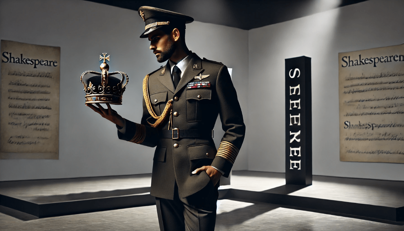 Modern Shakespearean character in military uniform holding a crown and letter, blending traditional and contemporary elements