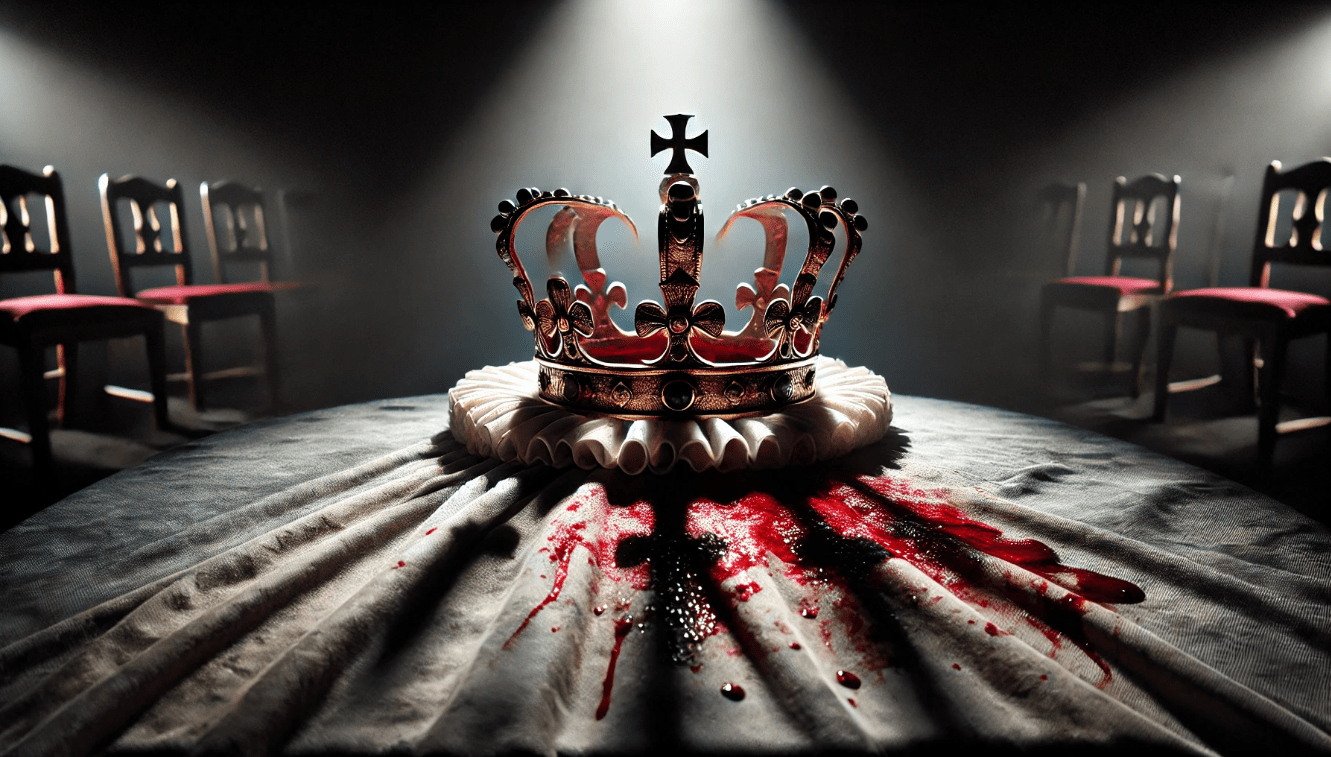 Shakespearean crown and blood-stained costume symbolizing ambition, fate, and power on a dark stage.