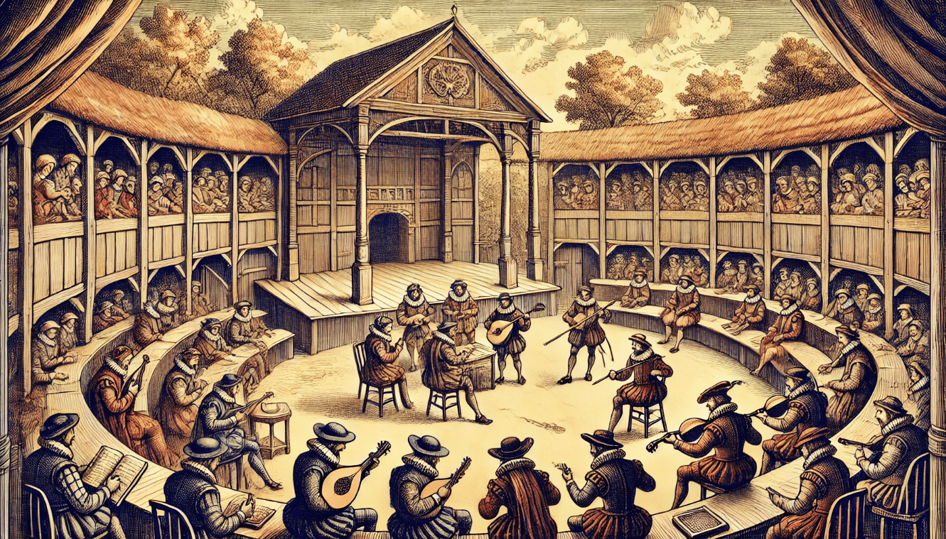 Shakespearean Globe Theatre with musicians playing and actors performing, depicting the role of live music in early theatre
