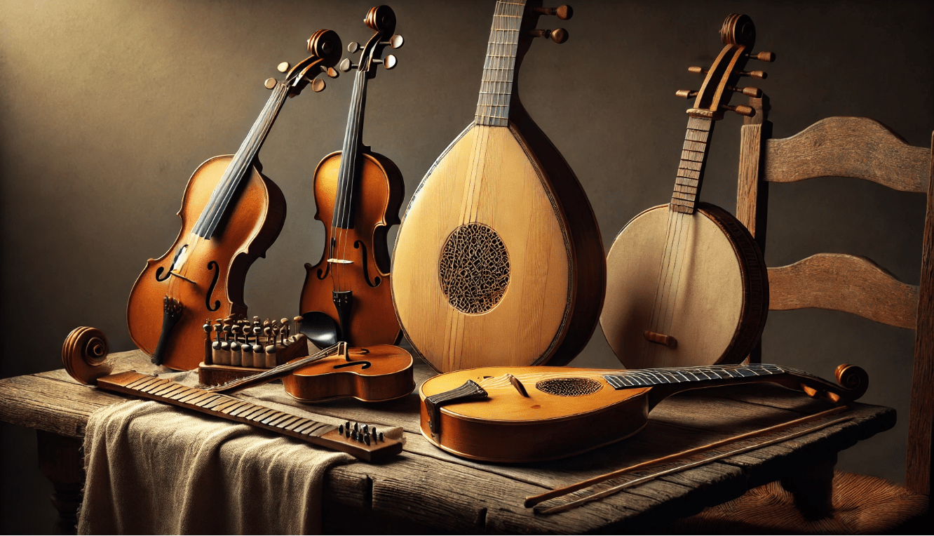 Traditional Shakespearean musical instruments like lutes, viols, and recorders used in plays to enhance storytelling.