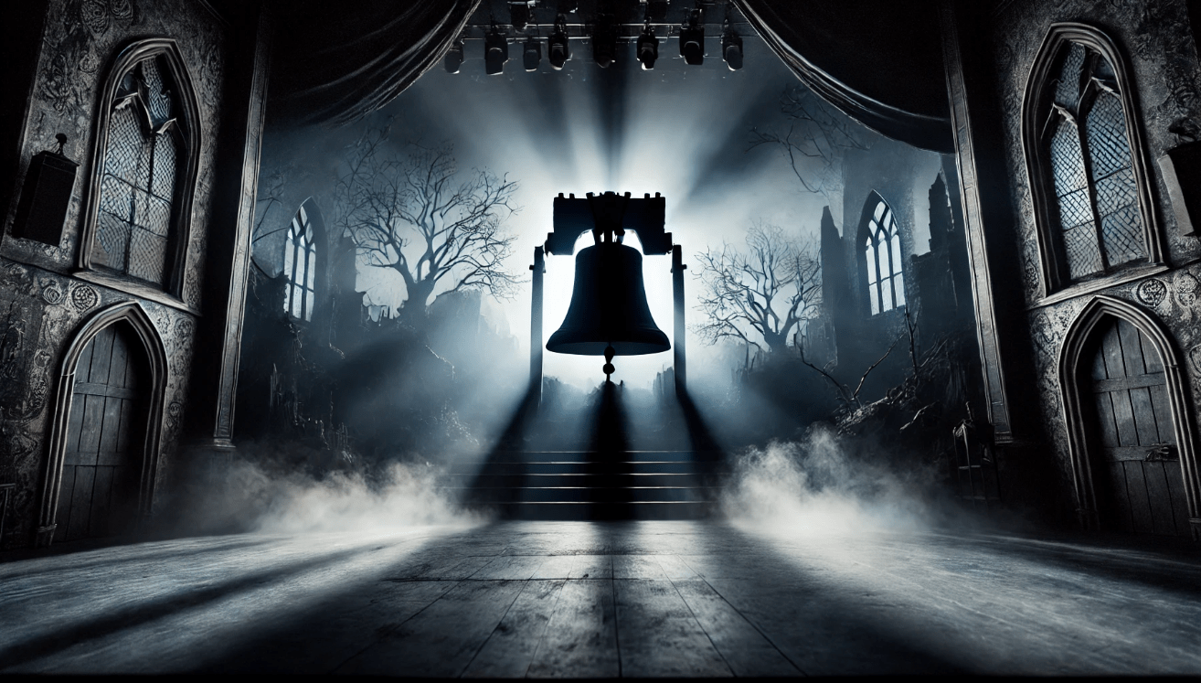 Eerie scene from Macbeth with a tolling bell, using music and sound to enhance the feeling of doom and suspense.