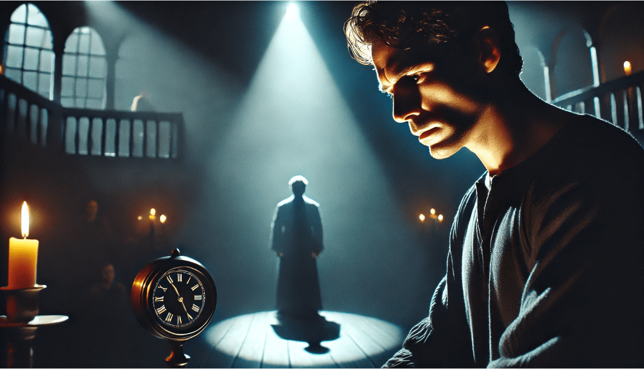 Actor performing Hamlet’s soliloquy with dramatic lighting and subtle sound elements symbolizing inner turmoil