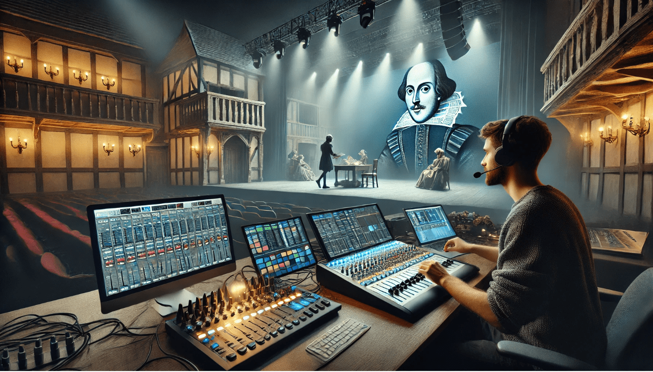 Modern Shakespearean theatre production with sound designers using advanced equipment to enhance the emotional impact