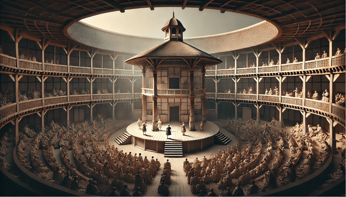 The Globe Theatre stage design, open-air and minimalist, showcasing Shakespearean theatre in its original form