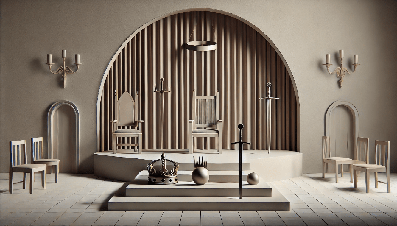 Minimalistic Shakespearean stage design using symbolic props to convey themes of power and conflict