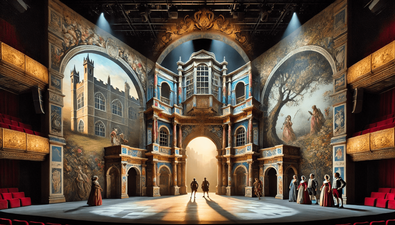Proscenium arch stage design in Shakespearean theatre, with elaborate backdrops and deep set design
