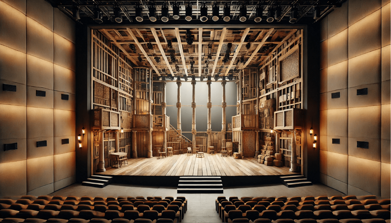 Eco-friendly Shakespearean stage design using sustainable materials and energy-efficient lighting.