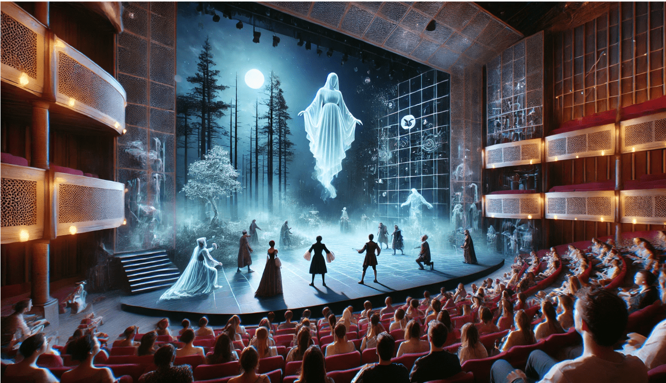 Shakespearean stage design with augmented reality (AR) for an immersive, interactive audience experience.