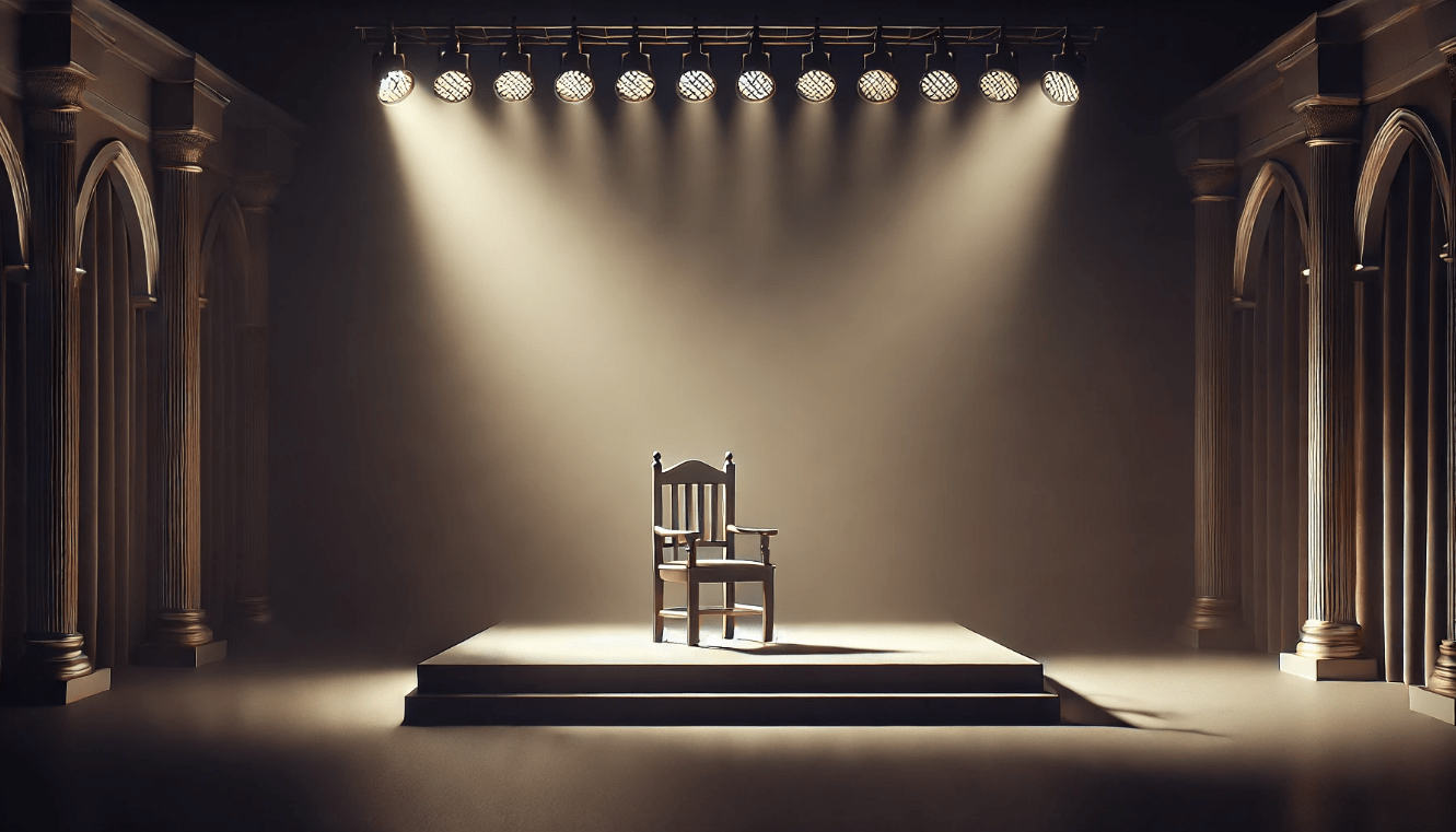 Minimalist Shakespearean stage design with symbolic props and dramatic lighting