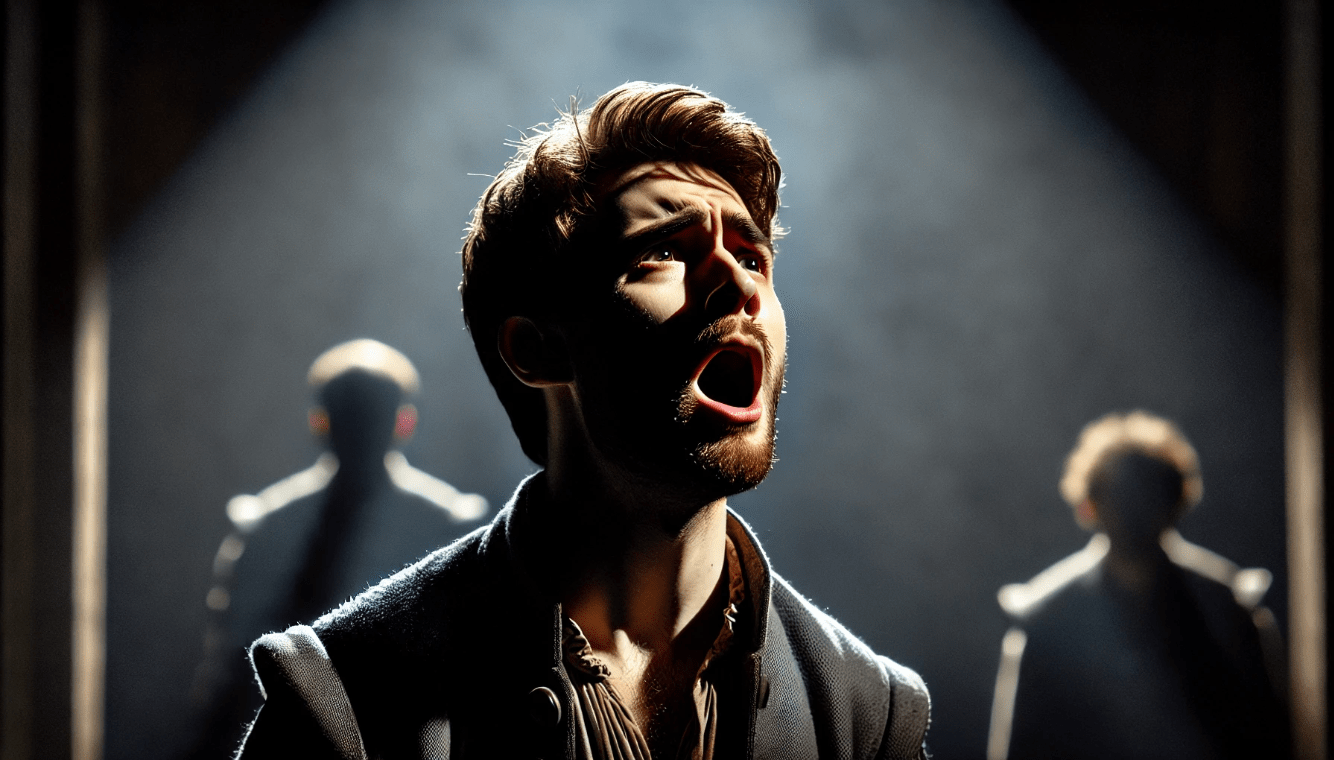 Actor performing a Shakespearean soliloquy with dramatic lighting on stage
