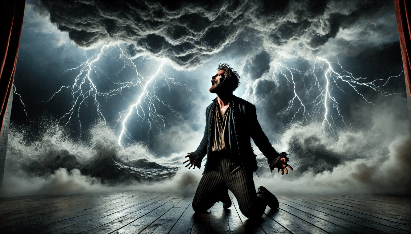 Stormy scene from King Lear with dramatic lighting and emotional turmoil on stage.