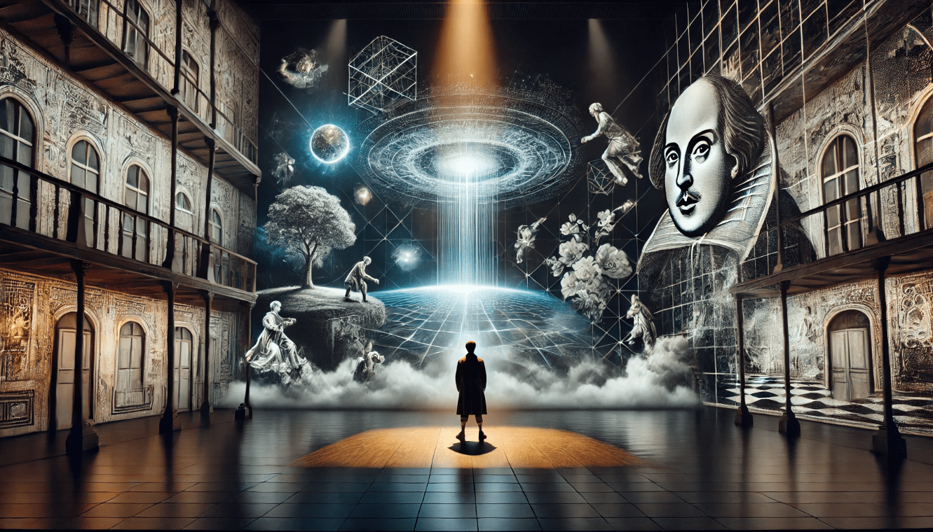 Modern Shakespearean production blending traditional stage design with projection mapping and dynamic lighting