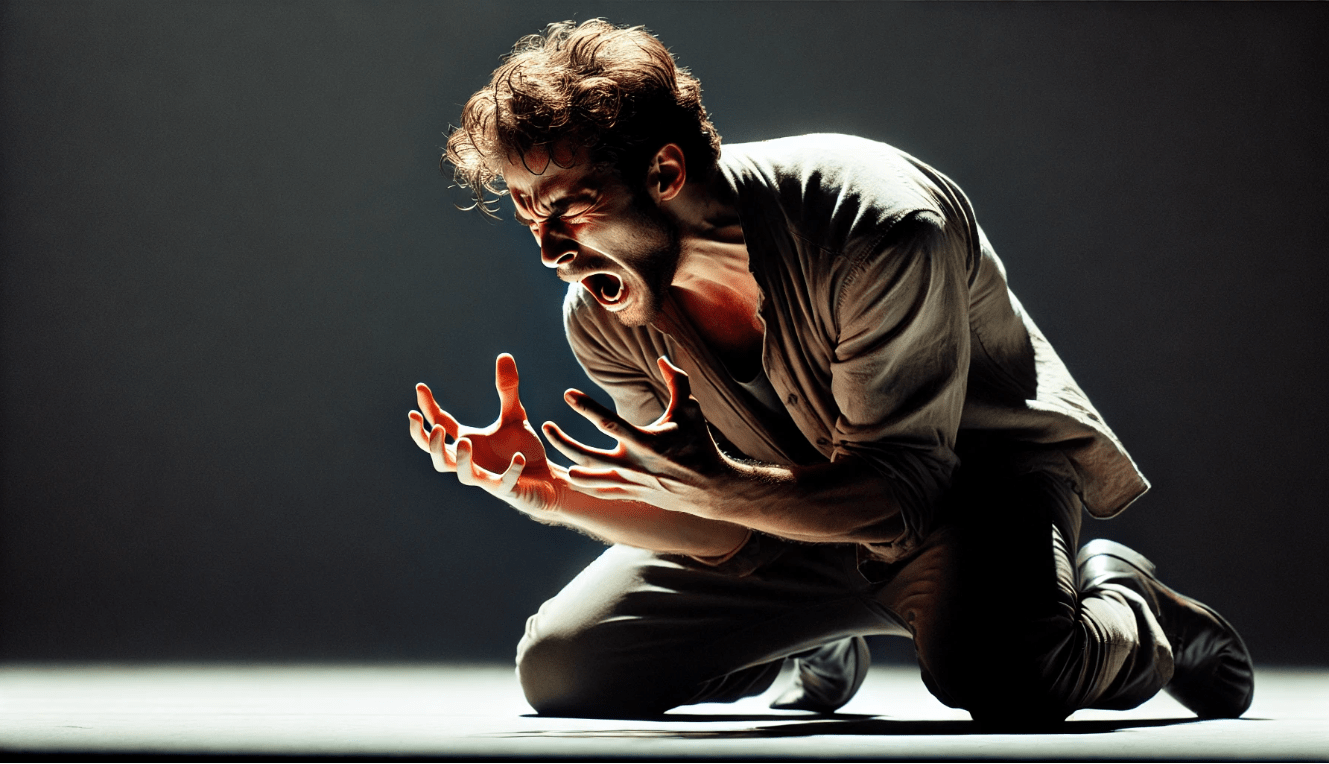 Actor using dramatic gesture and physicality to express emotion in a Shakespearean production.
