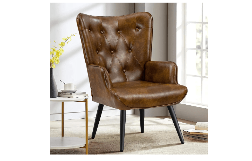  Furniliving PU Leather Accent Chair for Living Room, Upholstered Reading Chair with High Backrest, Tufted-Button Wingback Armchair for Bedroom, Dressing