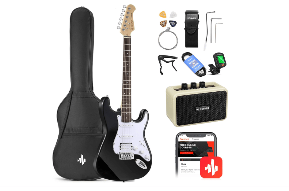 Donner DST-100B 39 Inch Electric Guitar Beginner Kit Solid Body Full Size Black HSS for Starter, with Amplifier, Bag, Digital Tuner, Capo, Strap, String