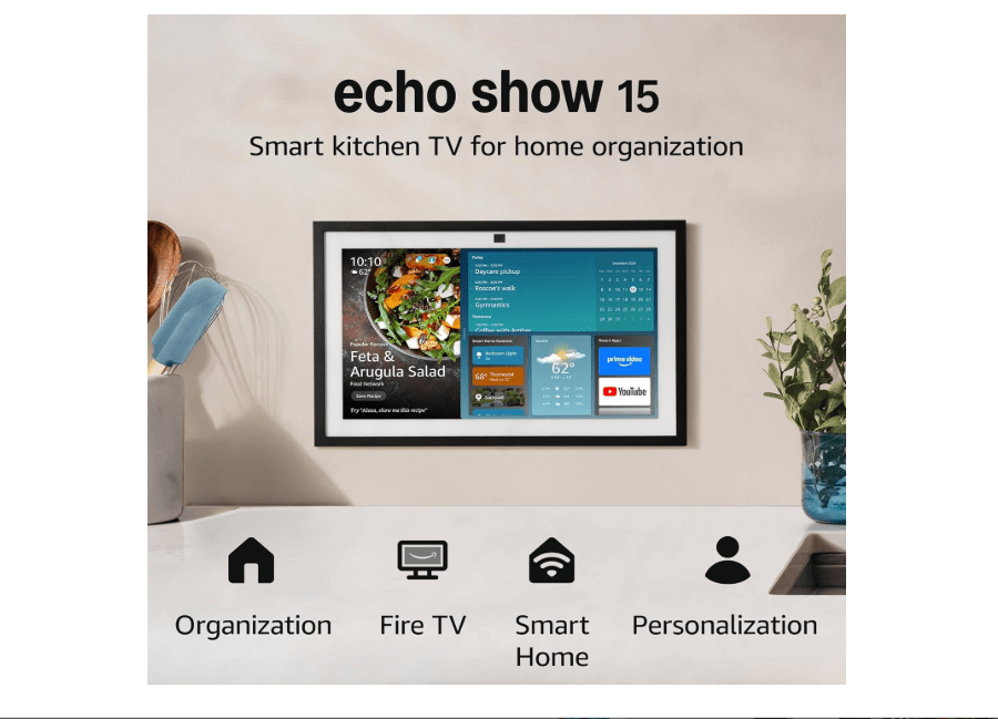  Amazon Echo Show 15 (newest model), Full HD 15.6" kitchen hub for home organization, with built-in Fire TV and Alexa