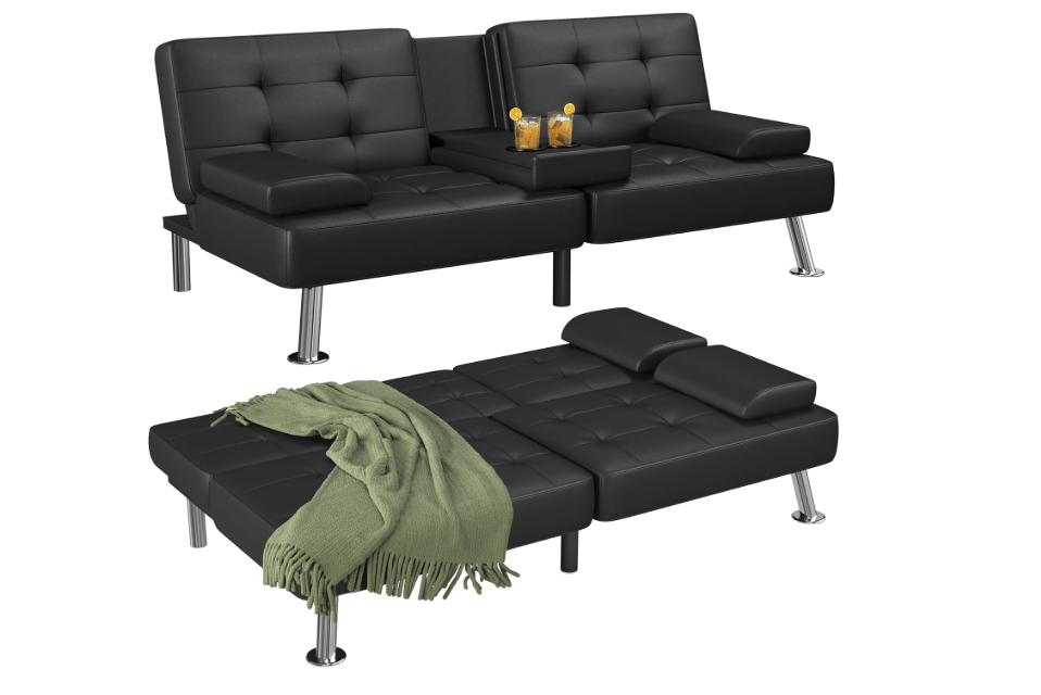  Flamaker Futon Sofa Bed Modern Folding Futon Set Convertible Recliner Lounge for Living Room with 2 Cup Holders, Removable Armrests (PU Leather, Black)