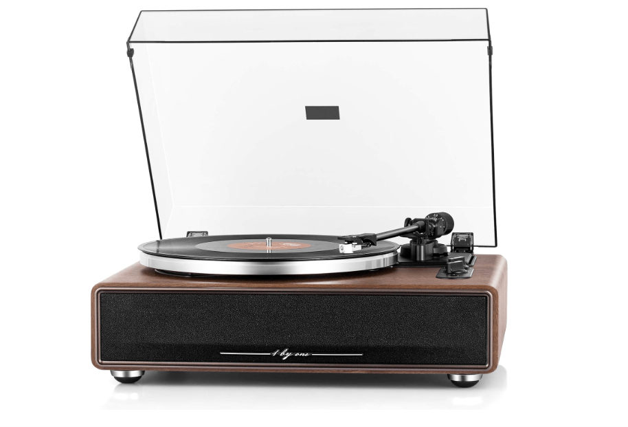 
1 by ONE High Fidelity Belt Drive Turntable with Built-in Speakers, Vinyl Record Player with Magnetic Cartridge, Bluetooth Playback and Aux-in Functionality