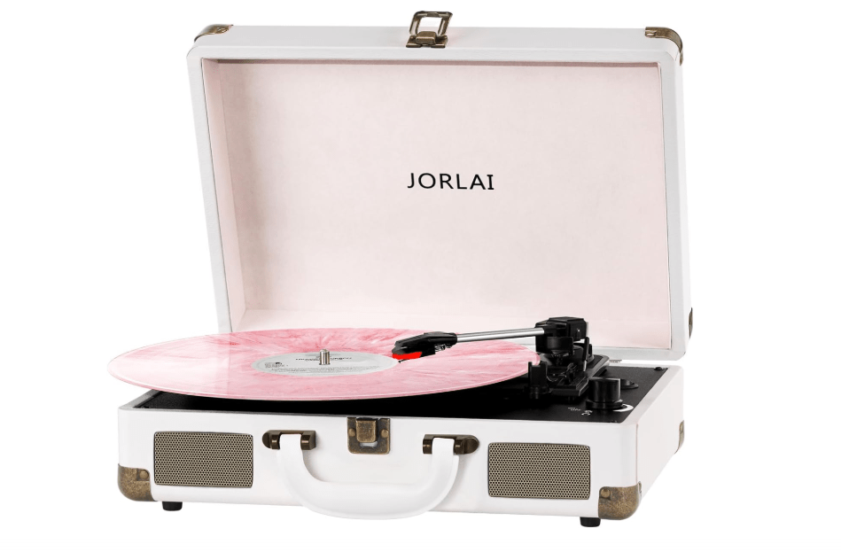
JORLAI Record Player 3 Speeds Turntable with Bluetooth Built-in Battery Stereo Speakers Vintage Record Player Belt Driven Portable Suitcase PC Recording White