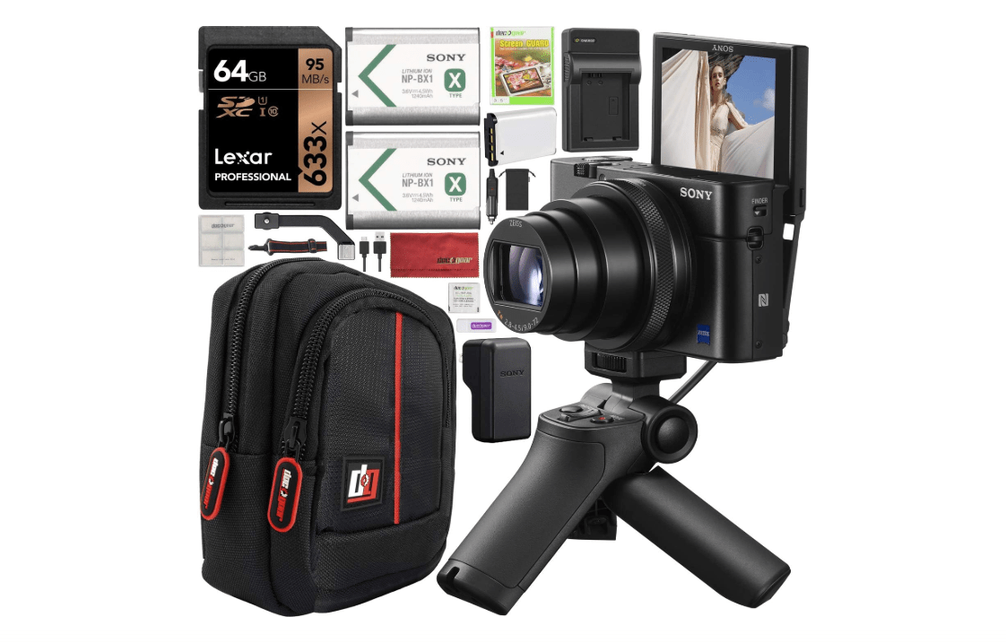  Sony Cyber-Shot RX100 VII RX100M7 4K Digital Camera DSC-RX100M7G Vlogging Shooting Grip Bundle with Sony VCT-SGR1 Grip Tripod + Triple Battery + 64GB Memory.