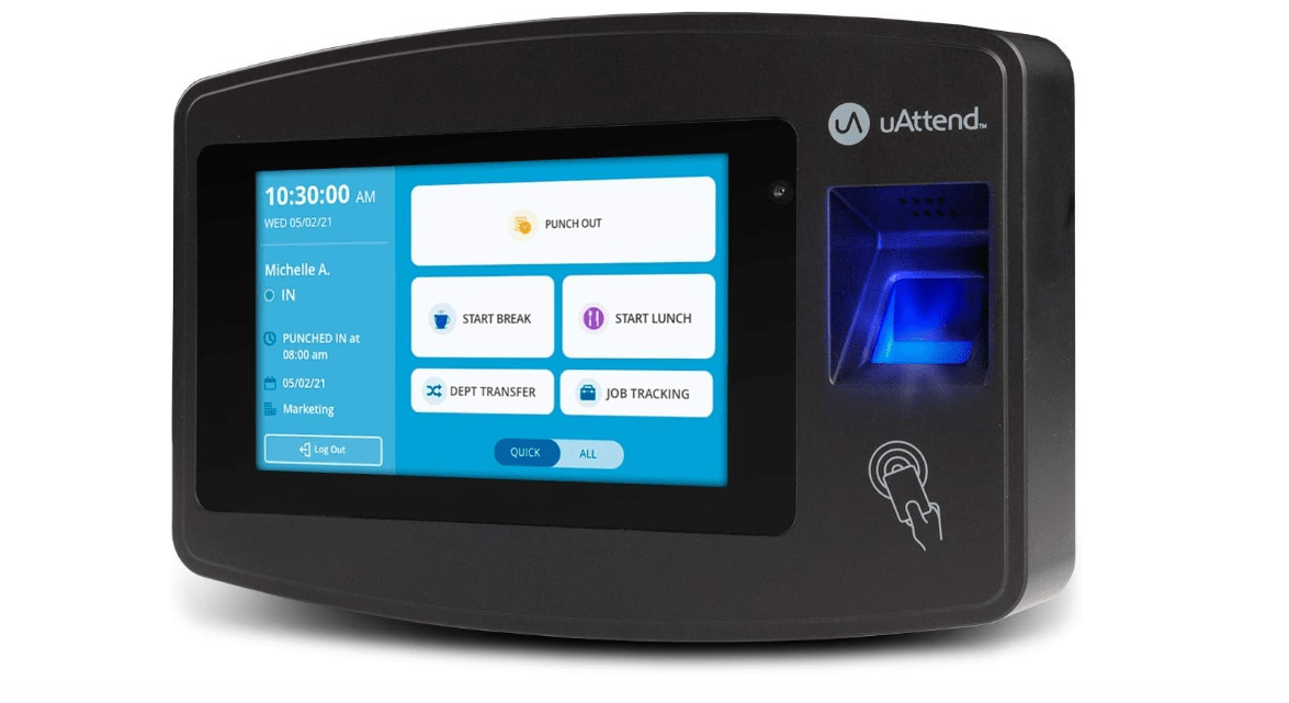 uAttend JR2000 Biometric Fingerprint, RFID, PIN Time Clock for Small Business – Cloud-Based Attendance System with Optional Payroll Integration – All-in-One