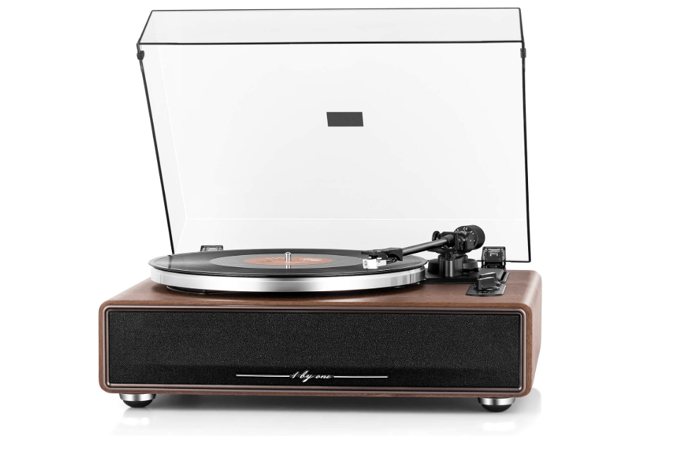  1 by ONE High Fidelity Belt Drive Turntable with Built-in Speakers, Vinyl Record Player with Magnetic Cartridge, Bluetooth Playback and Aux-in Functionality