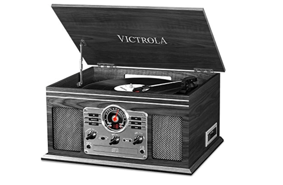  Victrola The Quincy 6-in-1 Bluetooth Record Player & Multimedia Center with Built-in Speakers – 3-Speed Turntable, CD & Cassette Player, AM/FM Radio