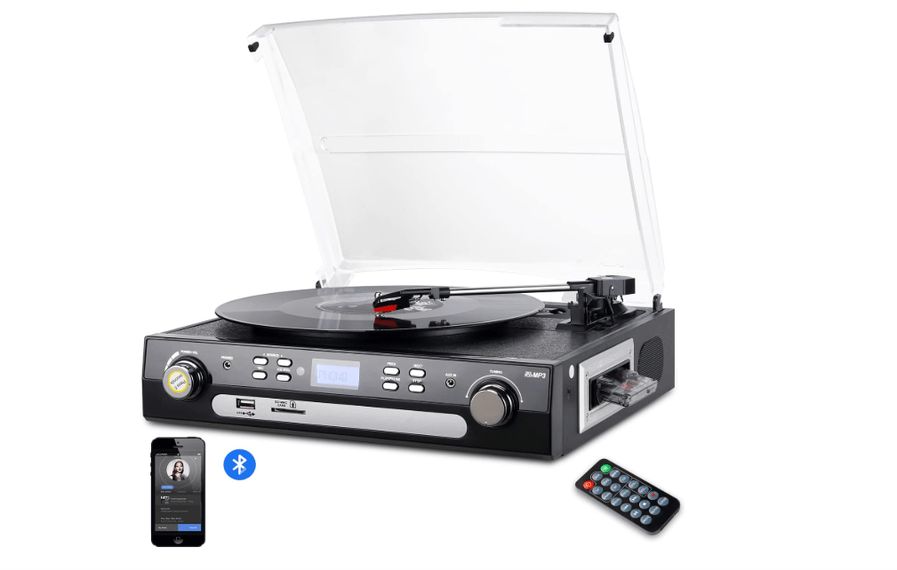  DIGITNOW Bluetooth Record Player with Stereo Speakers, Turntable for Vinyl to MP3 with Cassette Play, AM/FM Radio, Remote Control, USB/SD Encoding, 3.5mm