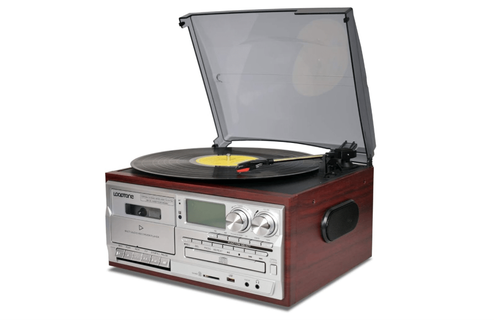  LoopTone Vinyl Record Player 9 in 1 3 Speed Bluetooth Vintage Turntable CD Cassette Player AM/FM Radio USB Recorder Aux-in RCA Line-Out (Silver)