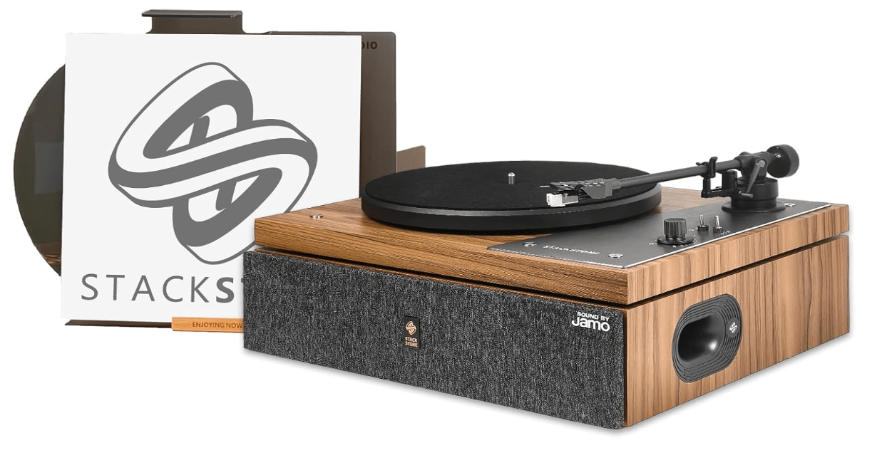  Stack Stone Hi-Fi Vinyl Record Player with Speakers, All in One Vintage Belt Drive Wooden Turntable for High Fidelity Sound by Jamo, Magnetic Cartridge, Ti
